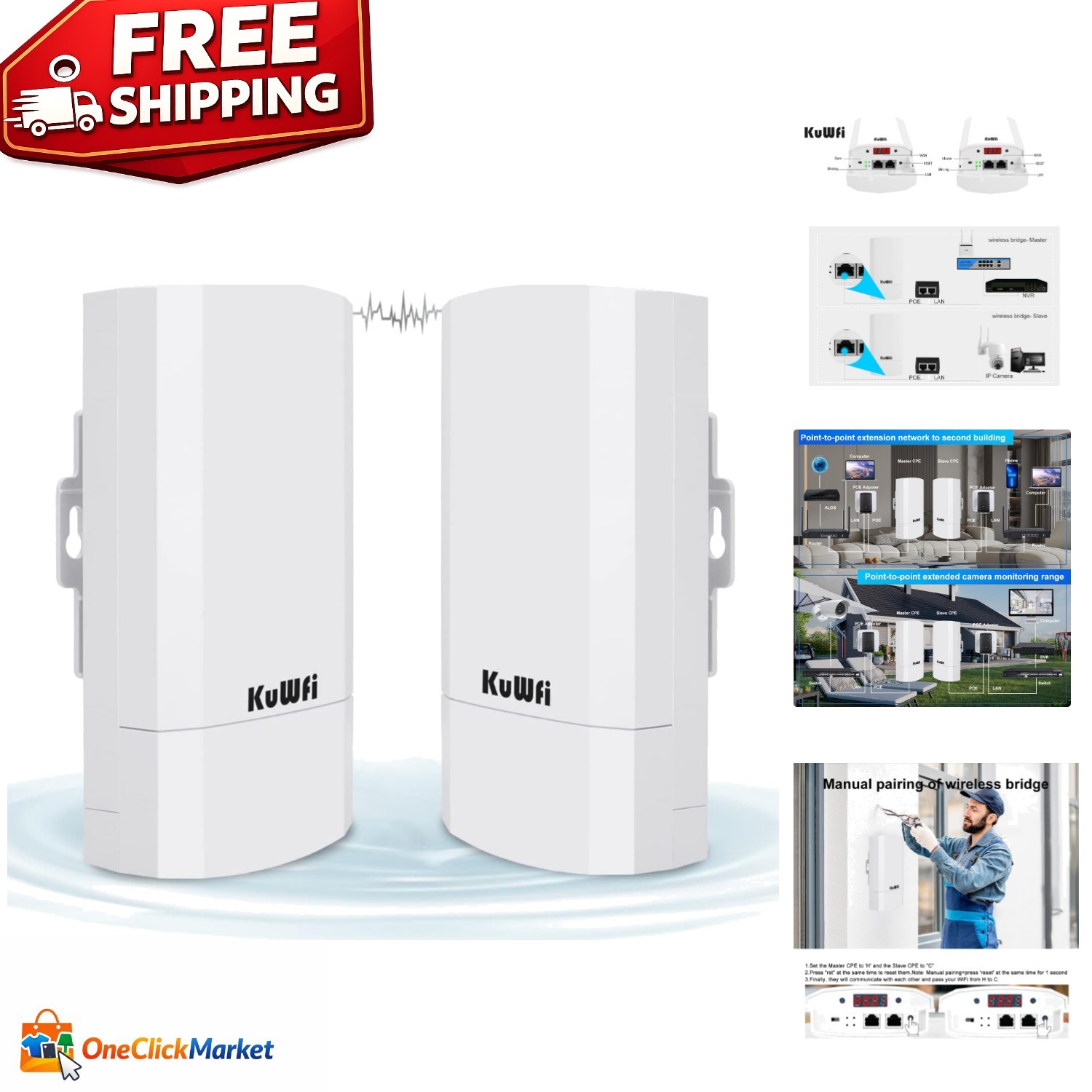 Reliable 2-Pack 300Mbps Weatherproof Wireless Bridge for Outdoor Connectivity