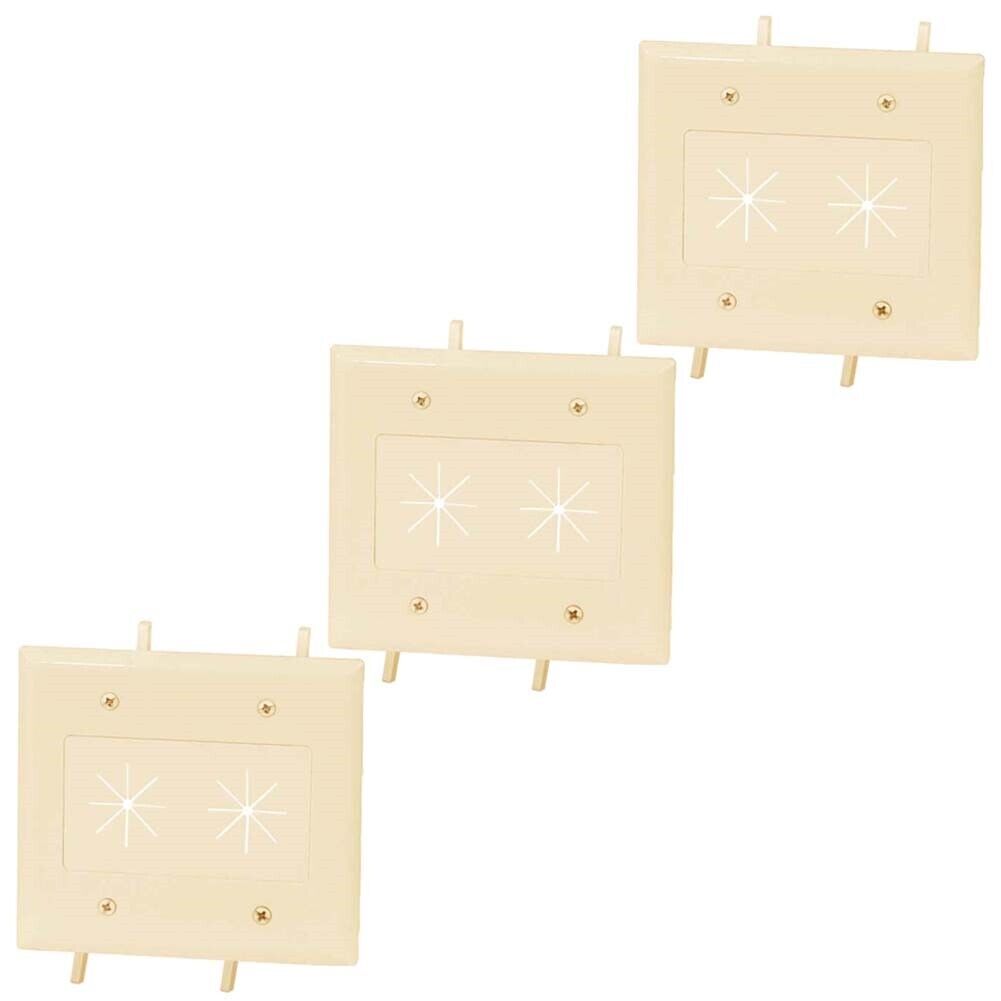 3x 2-Gang Low Volt Pass Through Cable Wall Plate with Flexible Opening Ivory