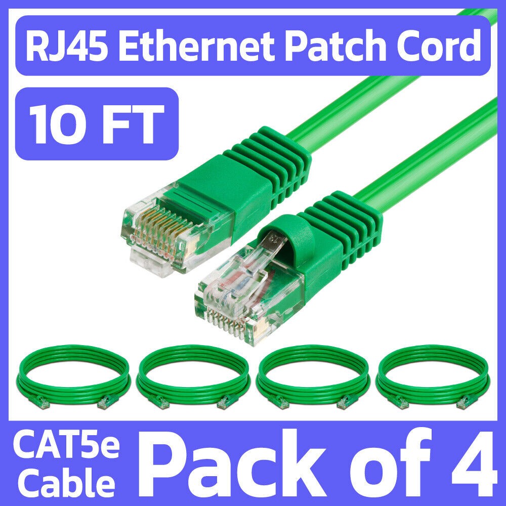 4 Pack Cat5e Cable Green 10FT Lan Ethernet Patch Cord Network Internet Wire RJ45
