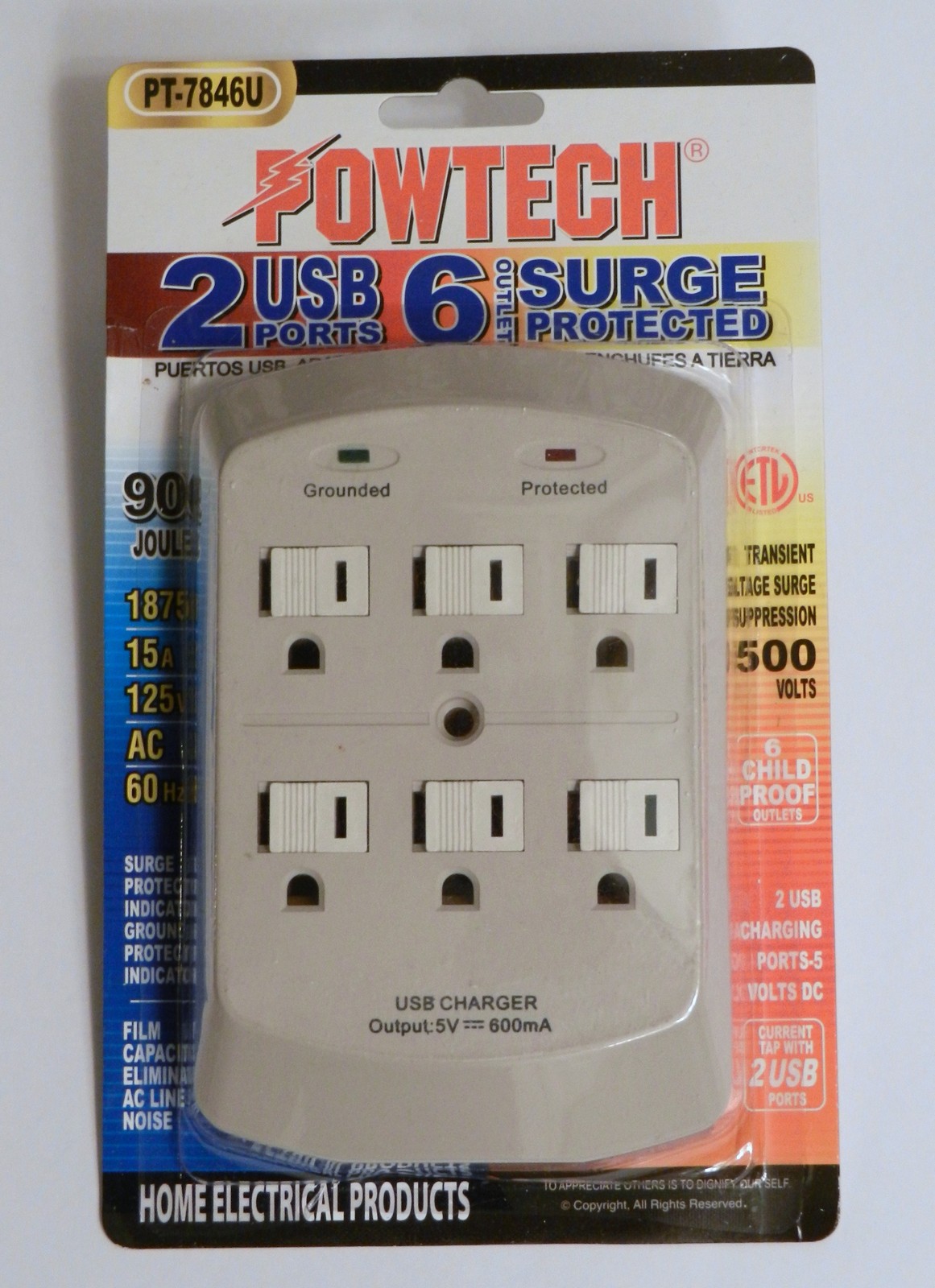 2 Pack 6 Outlet Wall Current Tap 900J Surge Protector with 2 USB Charging Ports