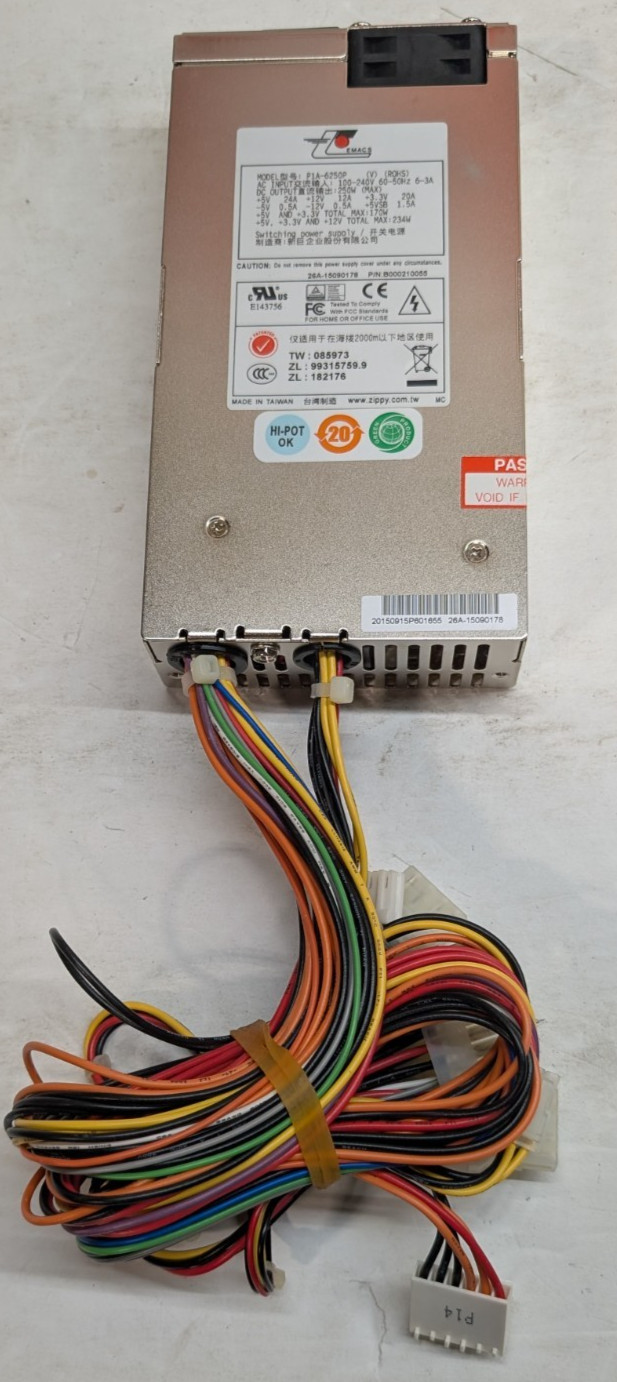 Zippy EMACS P1A-6250P 250W 1U Server PSU Power Supply +5/12/3.3V PFC IEC NOS