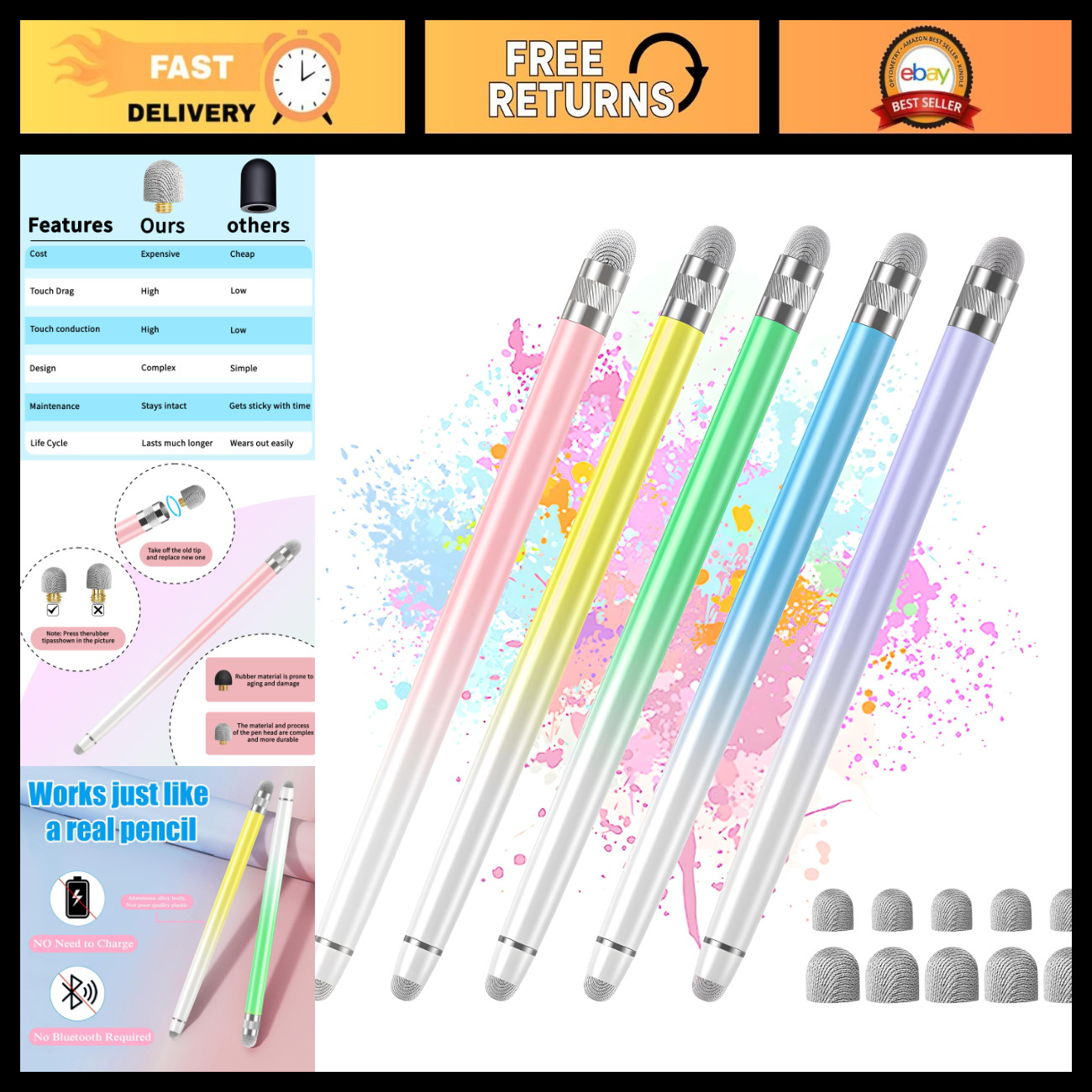 5 PCS Touch Screen Stylus Pens + 10 Replacement Tips, Universal Compatibility, F