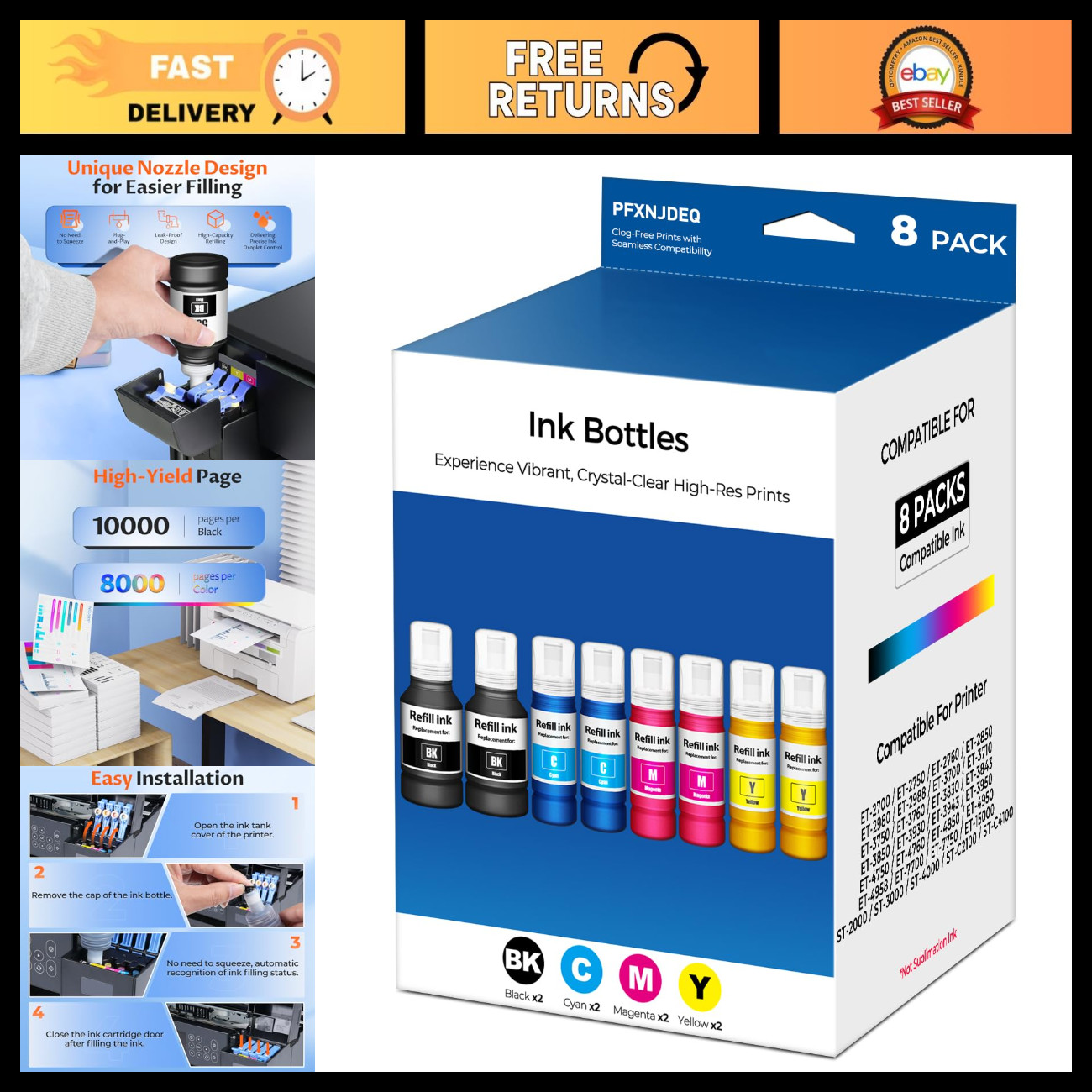 Ink Refill Bottles 8-Pack for ET-2850 ET-3850 ET-4850 ET-15000 ET-2760 Printers