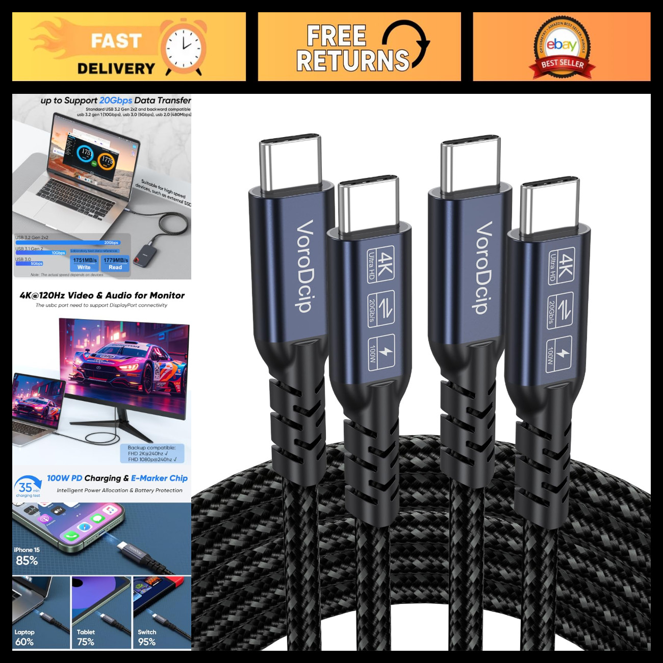 6FT USB C to USB C Data Transfer Cable 2 Pack, Fast Charging 3.2 Gen 2x2 Cord