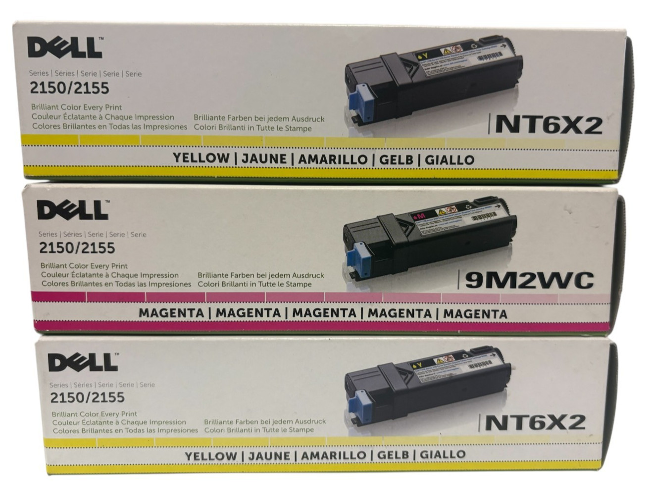 LOT OF 3-Dell 2150/2155 Toner Cartridges - NT6X2 Yellow/9M2WC Magenta