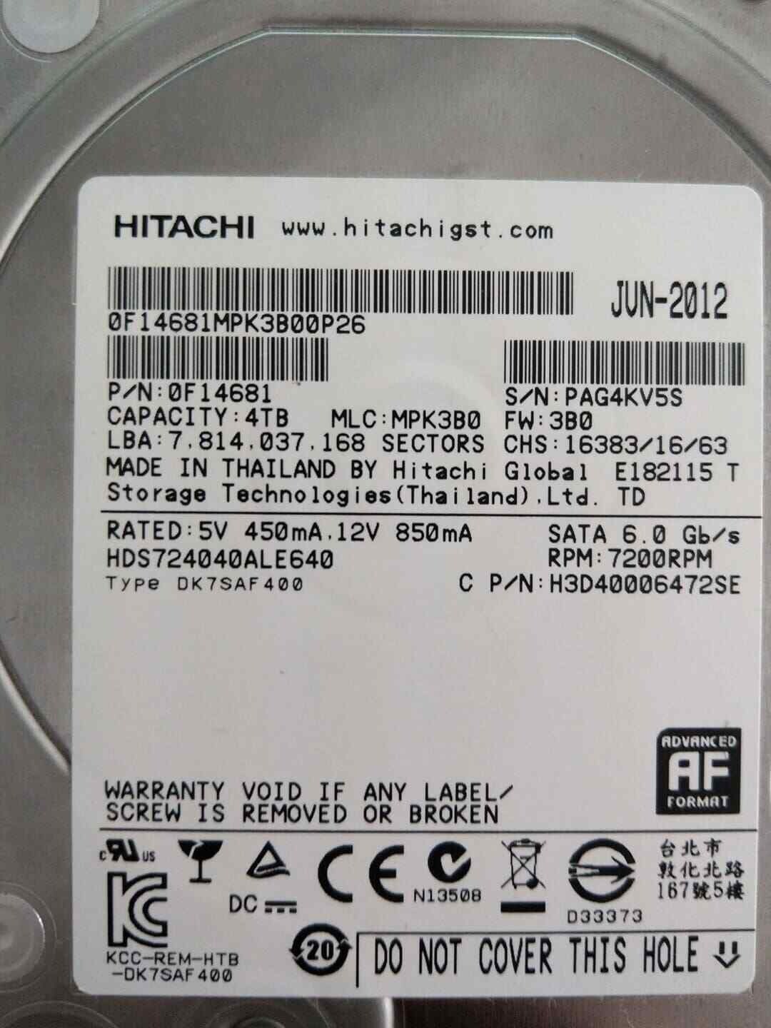 Hitachi Deskstar 7K4000 4TB 3.5" HDS724040ALE640 HDD Hard Drive 7200RPM 4000GB