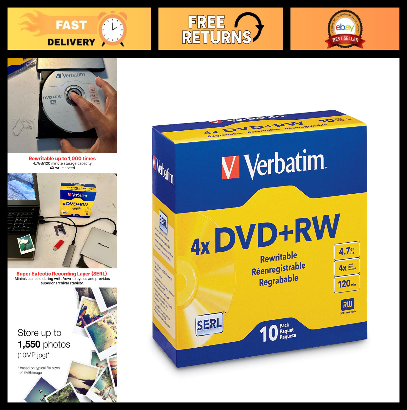 Rewritable DVD+RW 4.7GB 120Min Blank Discs - 10 Pack Slim Case, Up to 1000 Times
