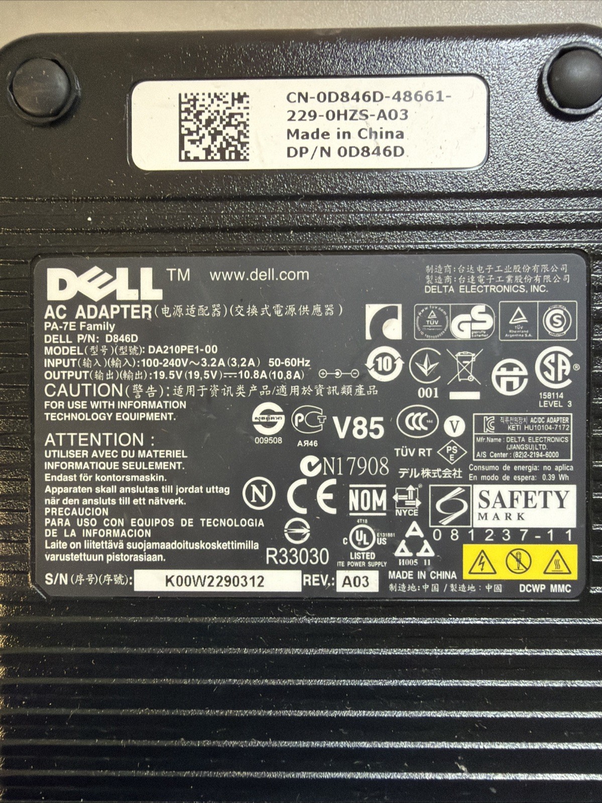 Lot of 6 Genuine DELL 210W DA210PE1-00  19.5V  10.8A  7.4mm AC ADAPTER 
