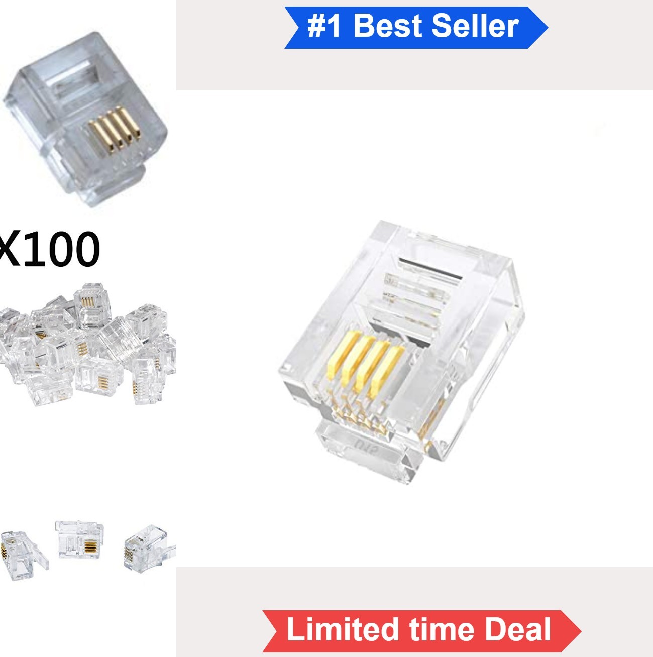 RJ11 6P4C Telephone Modular Plug 100 Pack Gold Plated Male Connector for