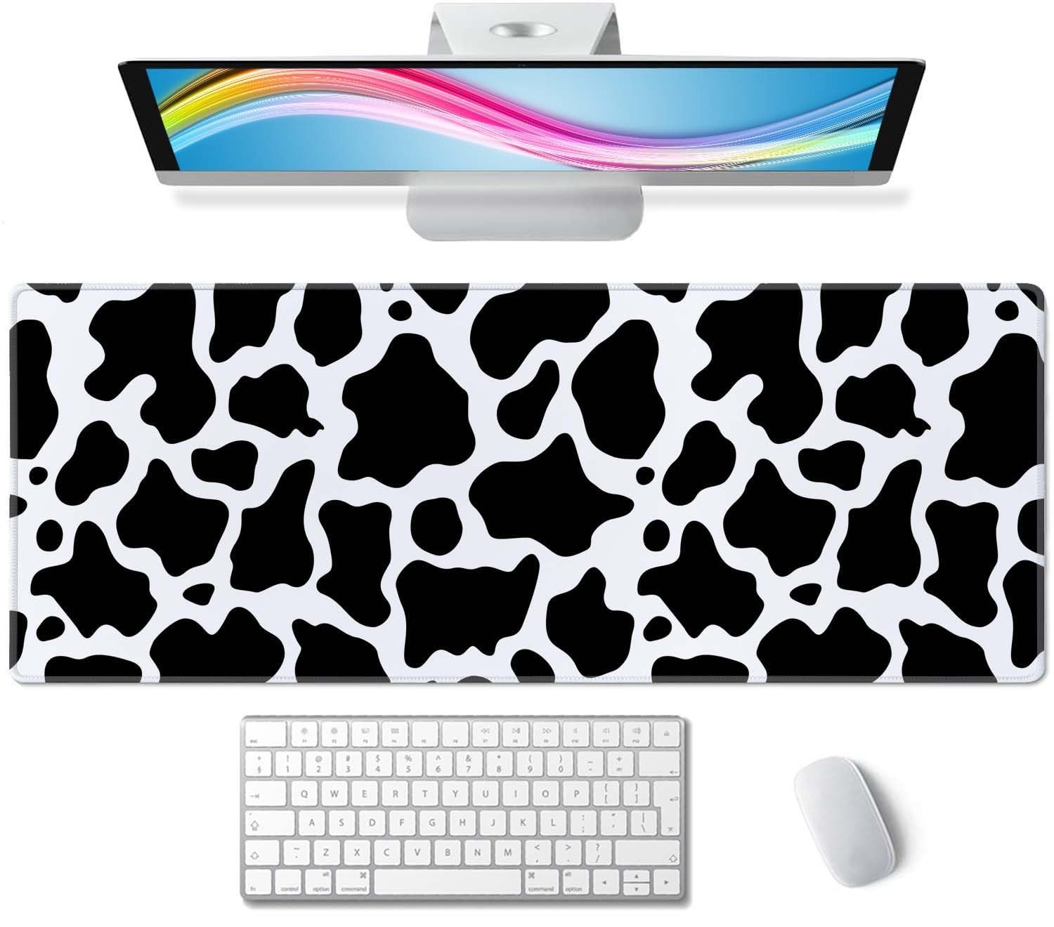 White Black Cow Pattern Large XL Gaming Mouse Pad Desk Mat 31.5x11.8 Inch