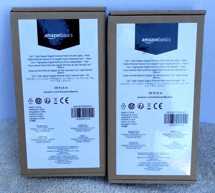 Two Amazon Basics Cat 7 Ethernet Patch Cable 20ft High-Speed Gigabit LAN