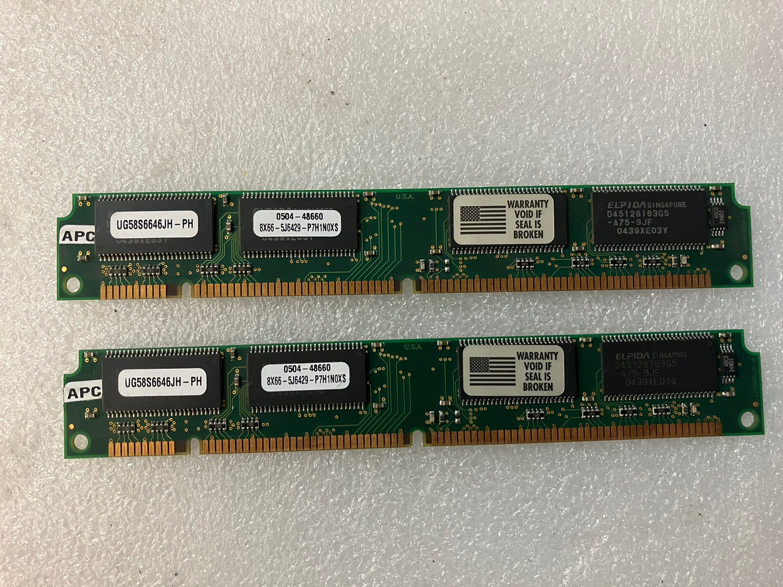 ~(Vintage) 2 PC133 DIMM 128MB RAM UG58S6646JH-PH 0504-48660 8X66-5J6429-P7H1N0XS