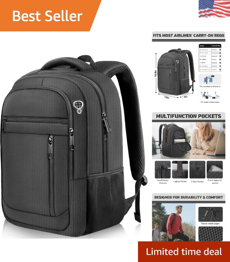Versatile 17.3 Inch Black Travel Laptop Backpack with Safety & Comfort Features