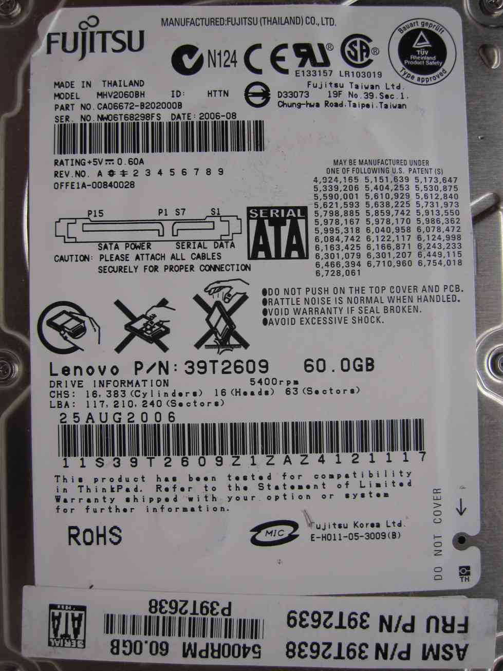 60GB Fujitsu MHV2060BH | CA06672-B202000B | 25AUG2006 | Notebook Hard Disk