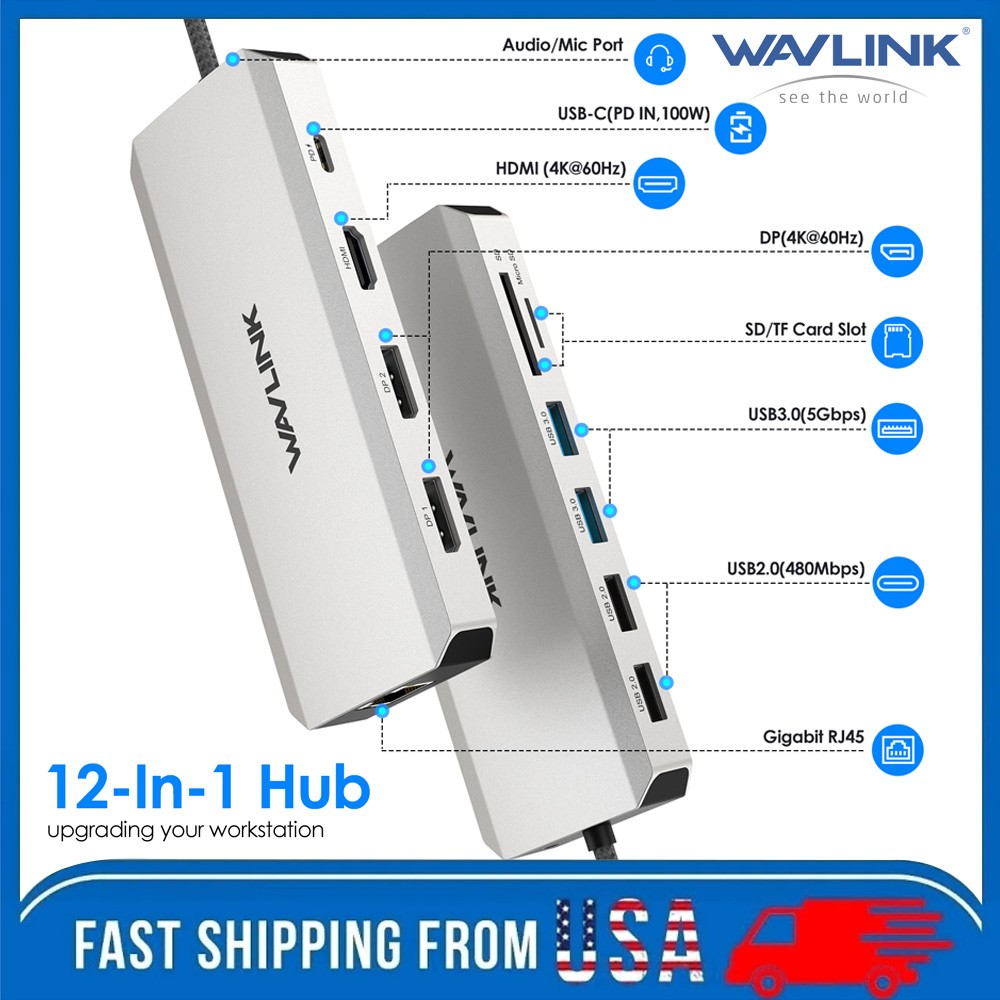 WAVLINK 12 in 1 Triple Display Laptop Docking Station USB C Hub HDMI for Windows