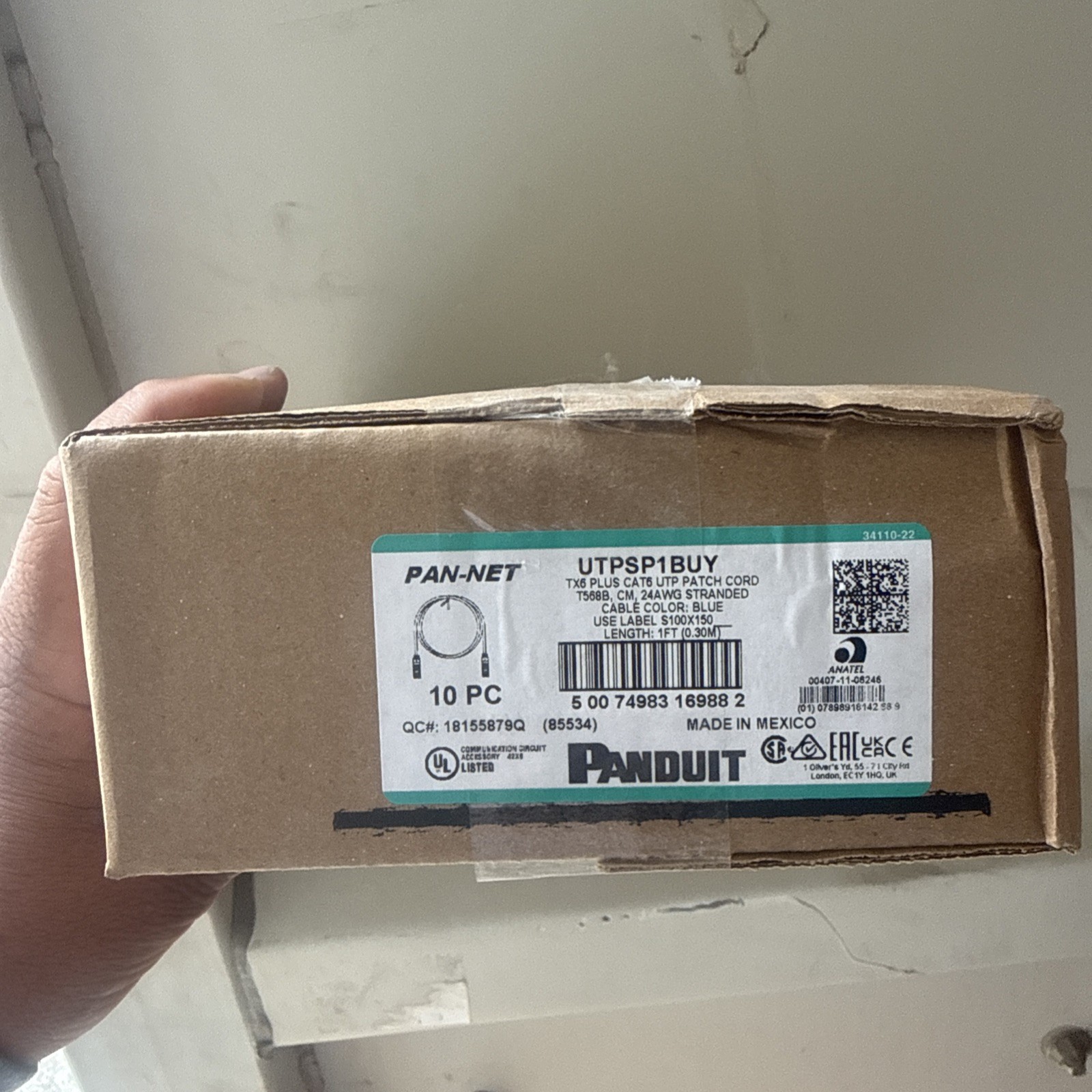 Panduit UTPSP1BUY Cat6 Network Modular Patch Cable/Cord, 1 Ft Blue NEW  CASE 10