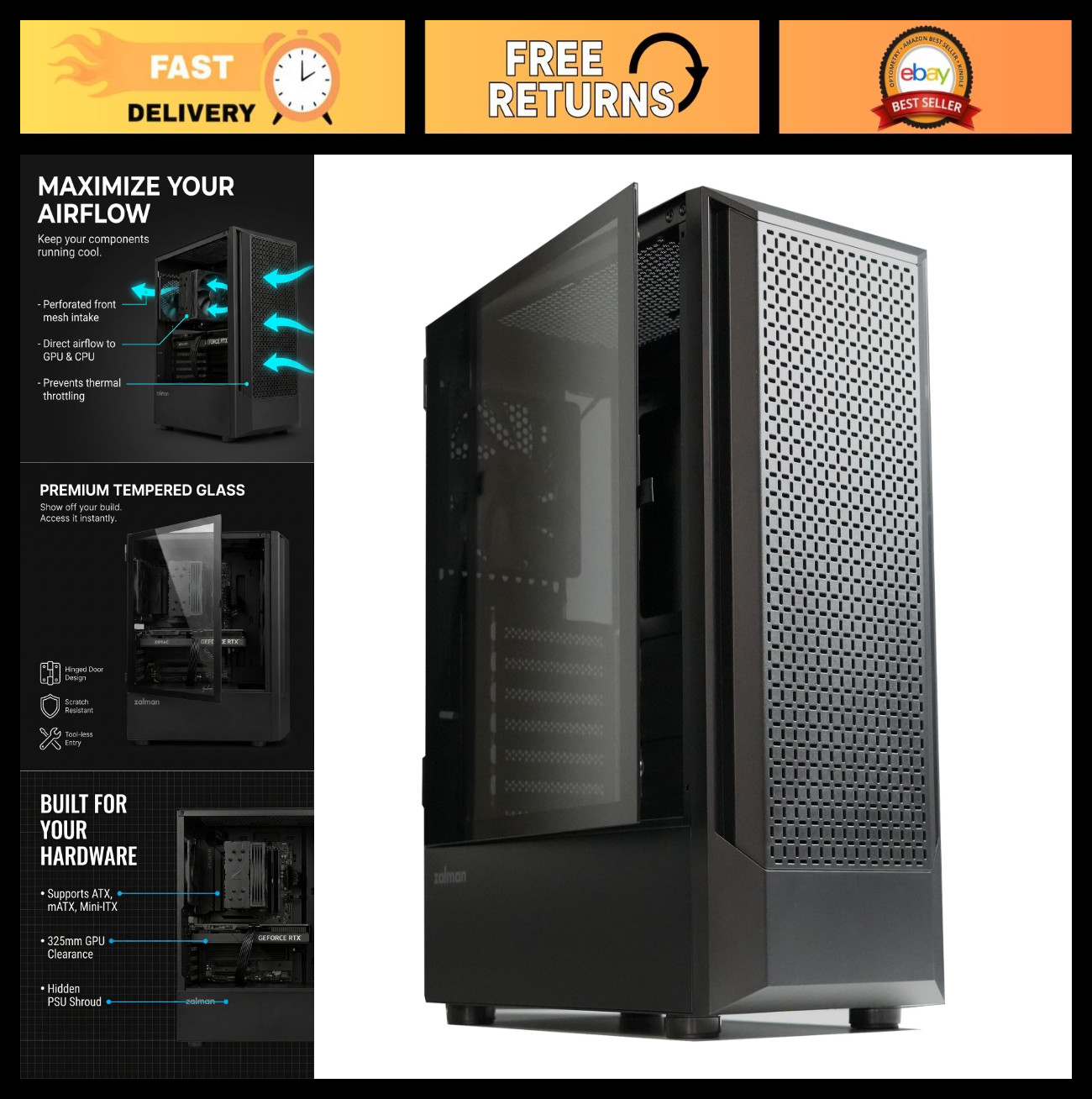 Mid-Tower Gaming PC Case - High Airflow Mesh Front, 120mm PWM Fan, 360mm AIO Sup