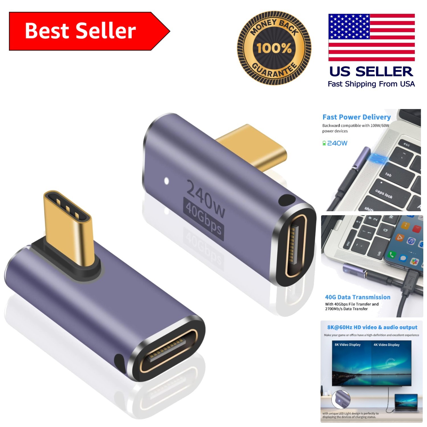 Compact USB C Right Angle Adapter 240W - Ideal for Gaming & Office Work with LED