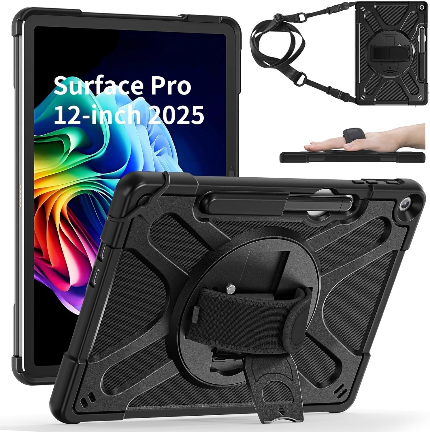 Rugged Case for Microsoft Surface Pro 12" 2025 Kickstand 360° Hand Strap, Black