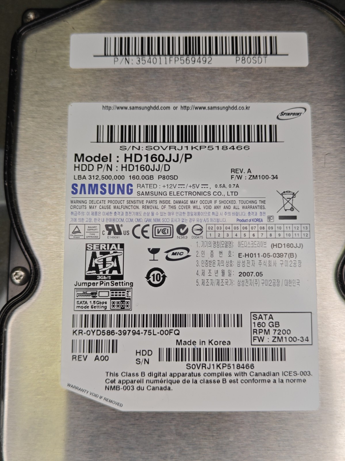 Vintage Samsung HD160JJ/P 160GB  SATA 3.5" HDD TESTED