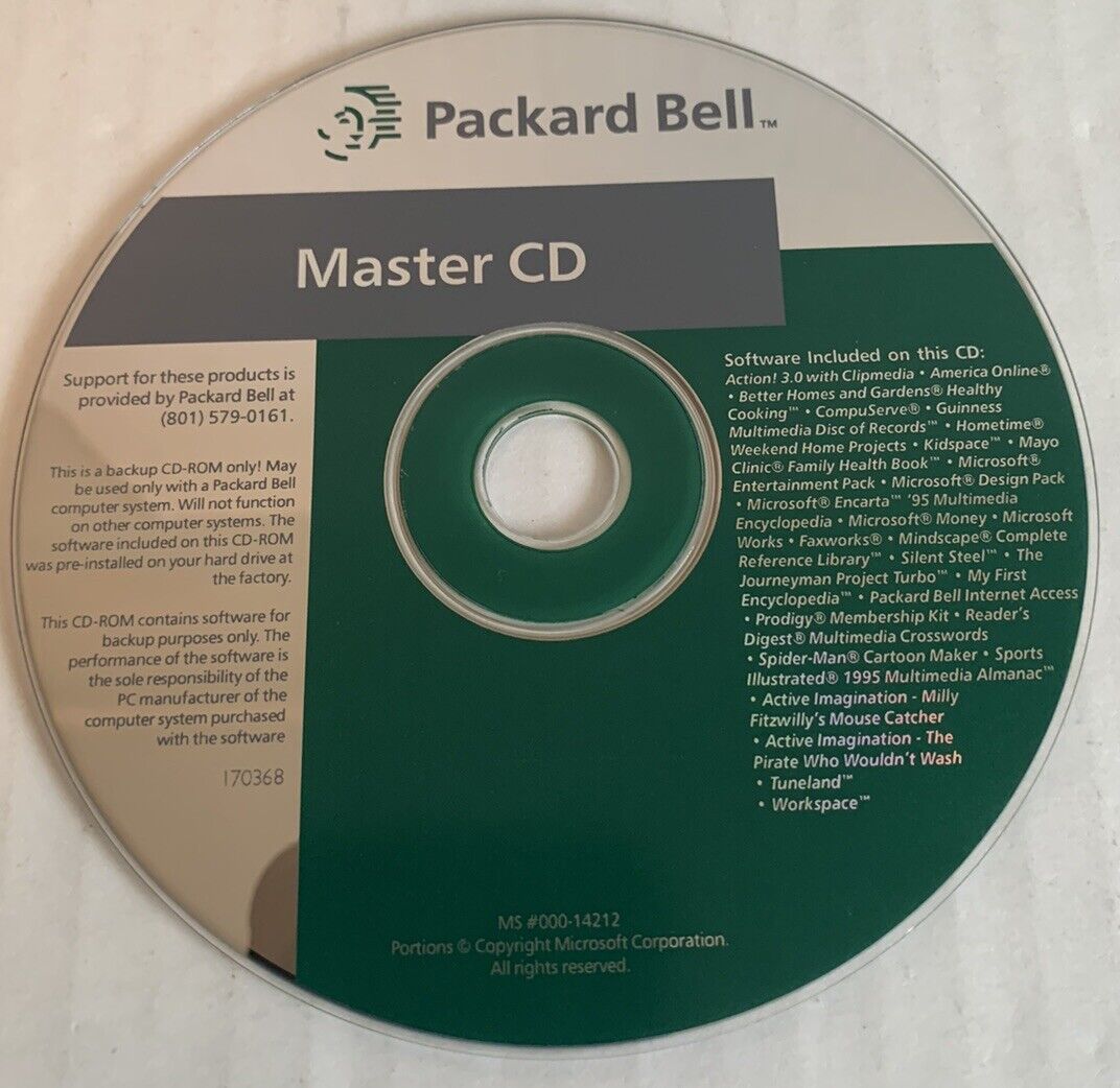Vintage Packard Bell Master CD Software MS# 000-14212 USED UNTESTED