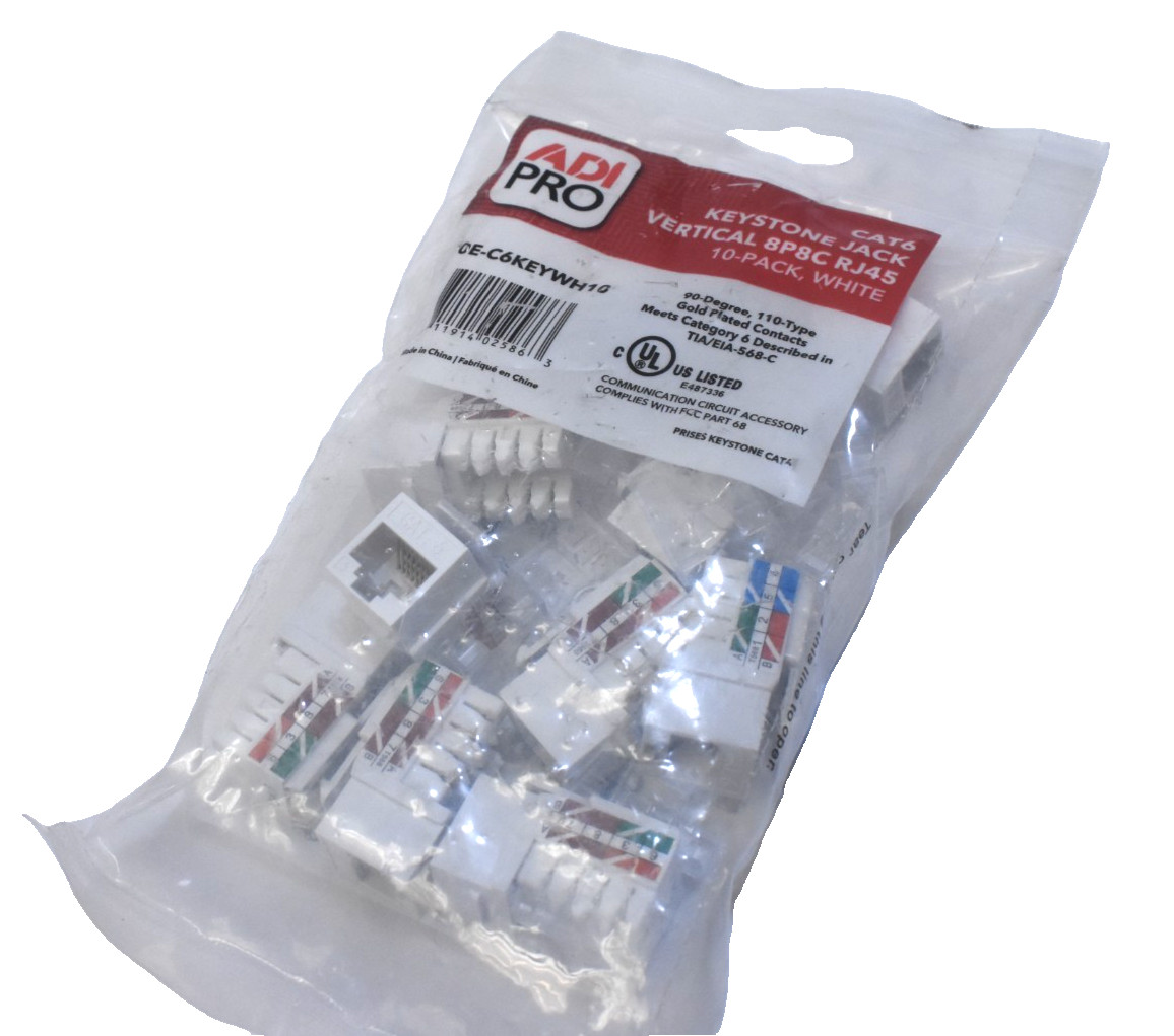 Adi Pro CAT6 Keystone Jack Vertical 8P8C RJ45 10 Pack White Finish 0E-C6KEYWH10