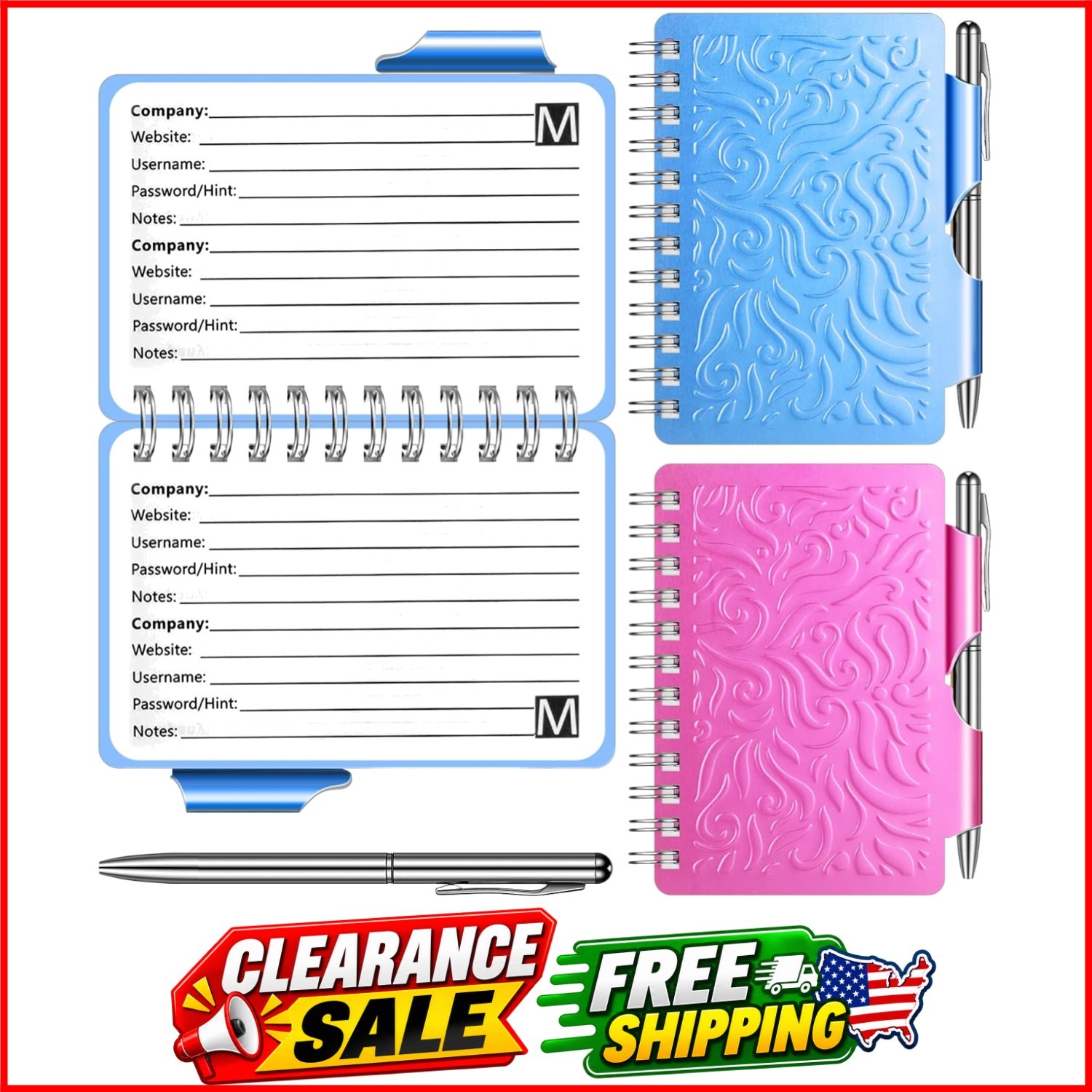 2 Pcs Mini Password Book Keeper with Pen,Blue, Rose Red