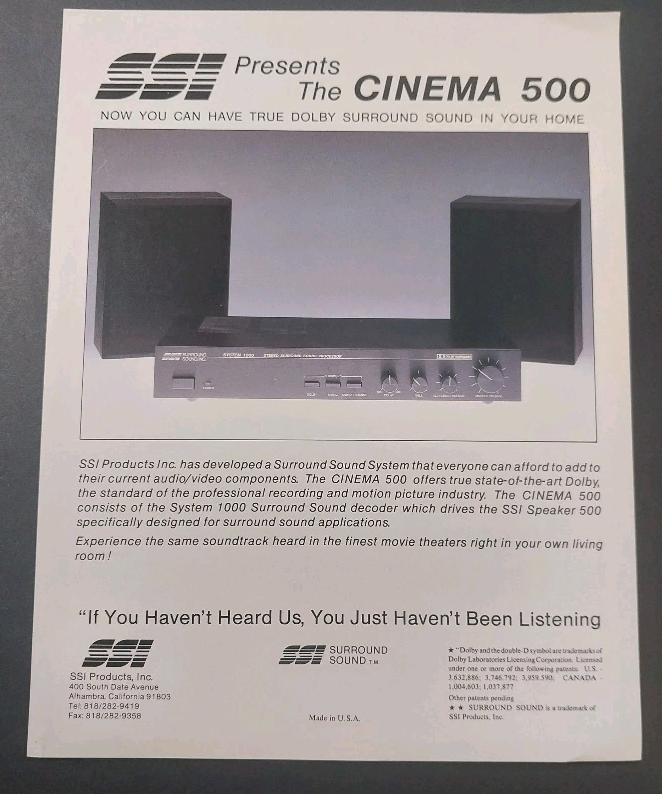 Original Vintage 1980s SSI Cinema 500 Home Theater Sound Audio System Flyer