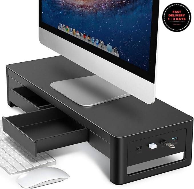 Soporte elevador de monitor 2 en 1 con 2 cajones de almacenamiento y 4 puertos.