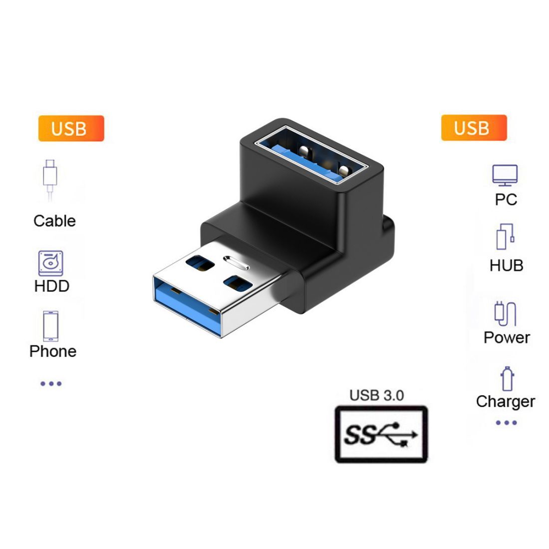 CABLECY 90 Degree Right Angled Type USB 3.0 Male to Female Extension Adapter