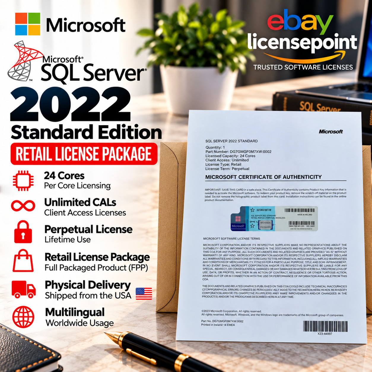 Microsoft SQL Server 2022 Standard 24 Core unlimited CAL Retail License Package