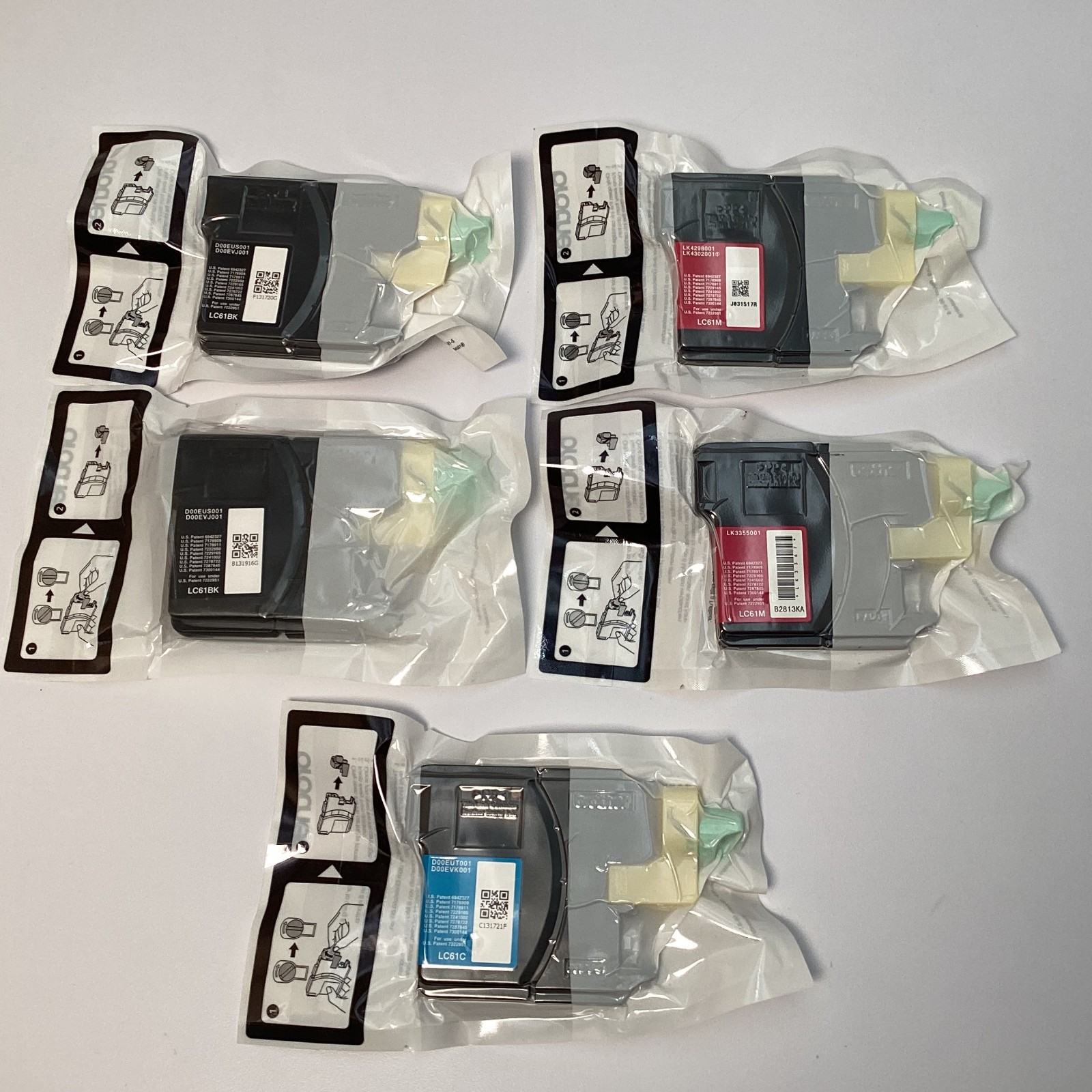 (Lot of 5) OEM Brother LC61 Ink Cartridges: 2 Black, 2 Magenta & 1 Cyan, in Bags