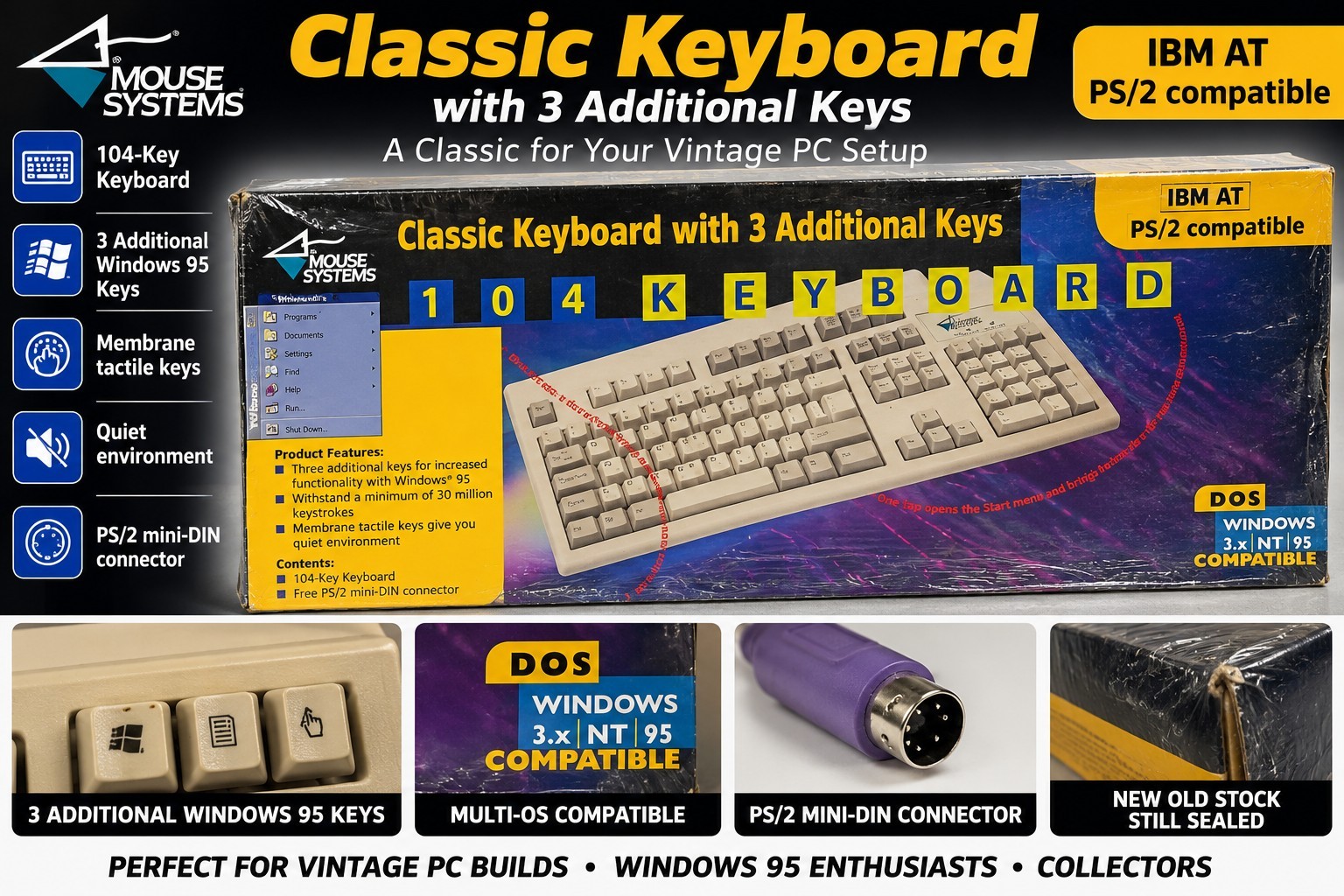 Vintage Mouse Systems Classic 104 Key Keyboard IBM AT PS/2 Windows 95 Sealed