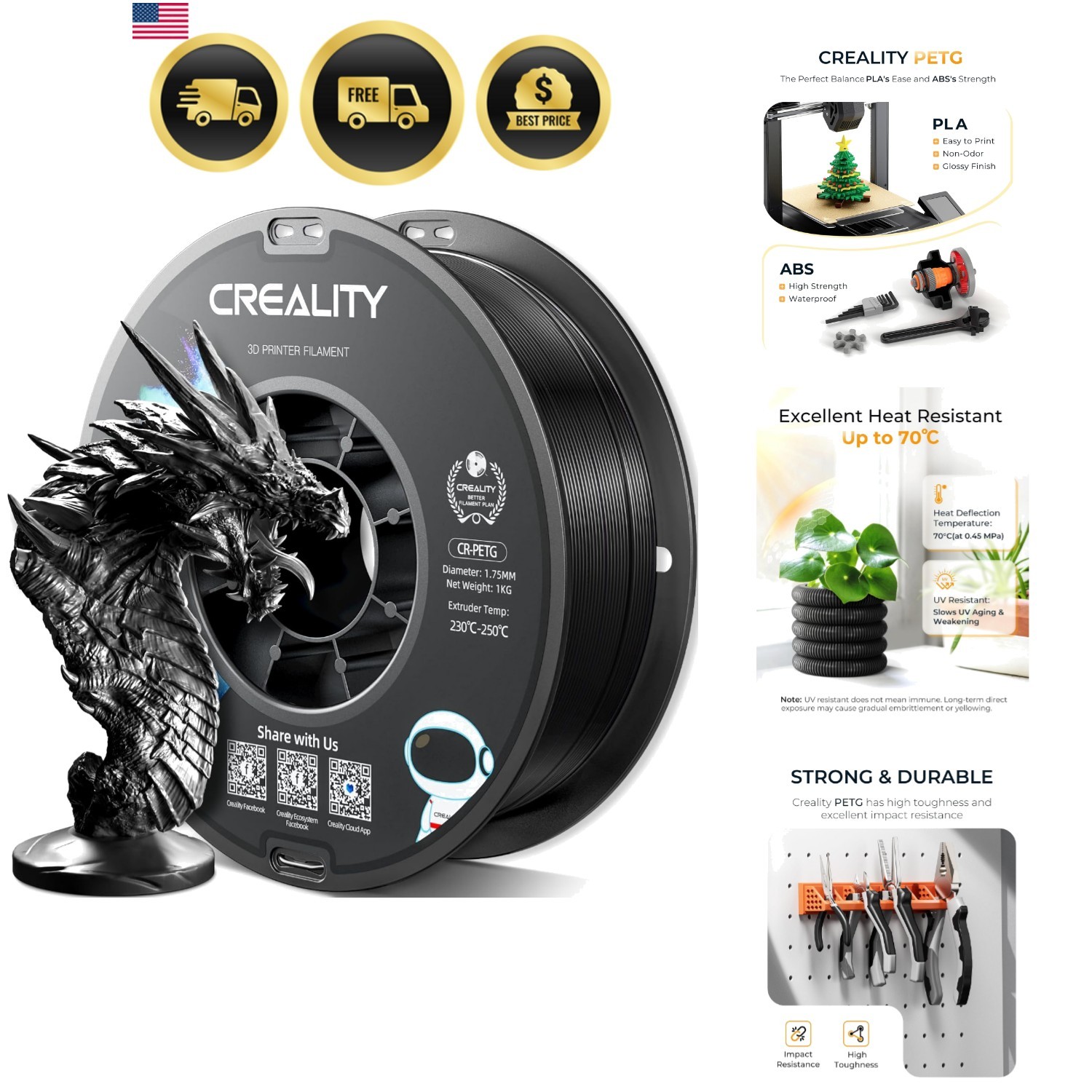 Official Creality PETG 3D Printer Filament 1.75mm 1KG 2.2lbs, High Precision,...
