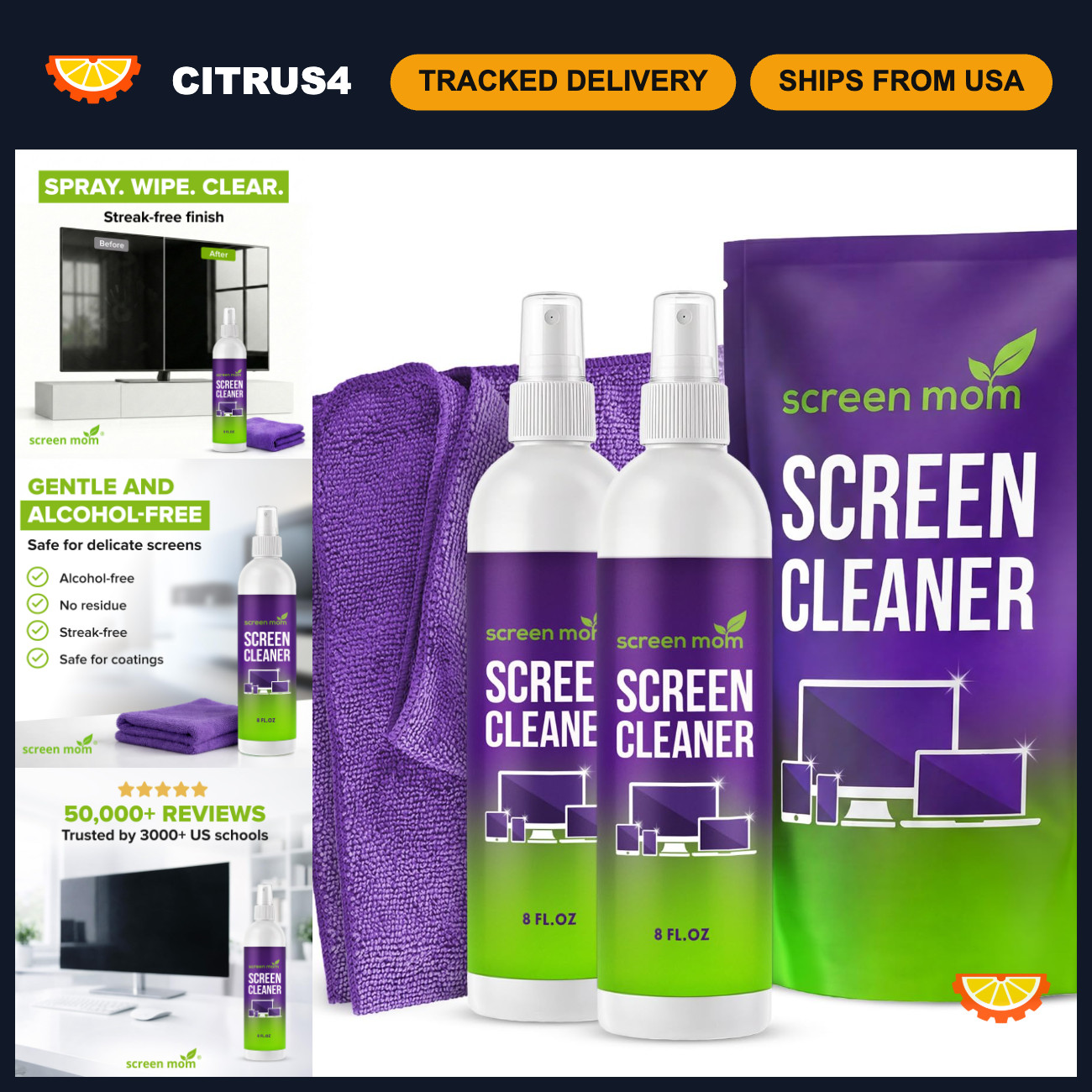 Screen Cleaner Spray 2 Pack - 16oz for TV, Car, Laptop & Computer Cleaning