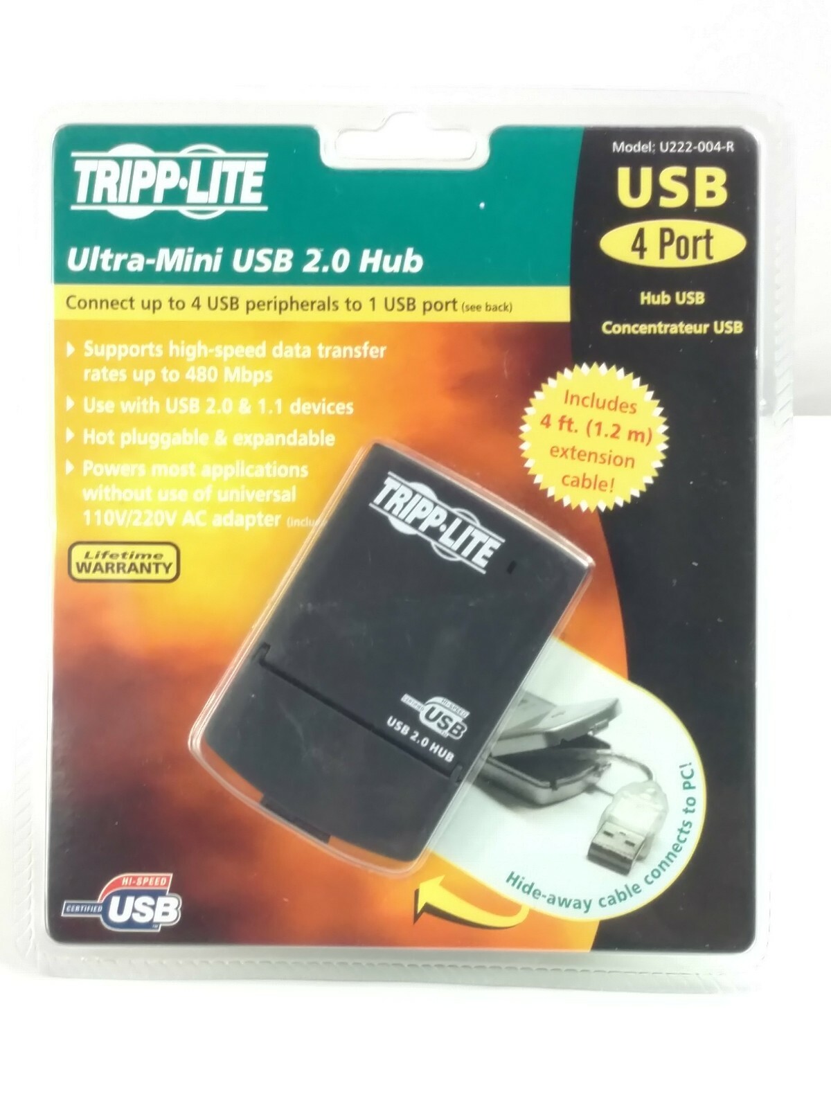 New Tripp Lite Ultra Mini USB 2.0 Hub Concentrateur 4 Port Model U222-004-R