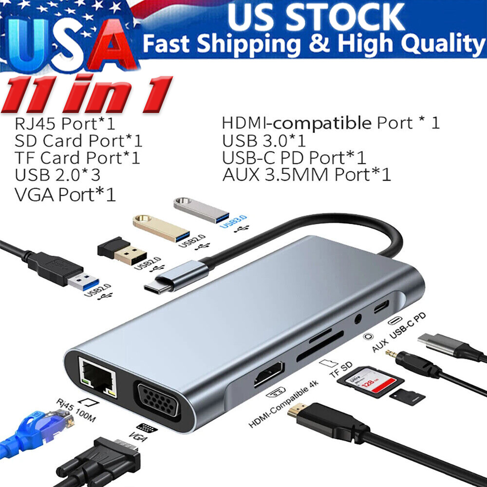 11in1 Type C Hub USB-C To USB 3.0 2.0 HDMI VGA Multi-Hub Dock TF/SD Card Reader