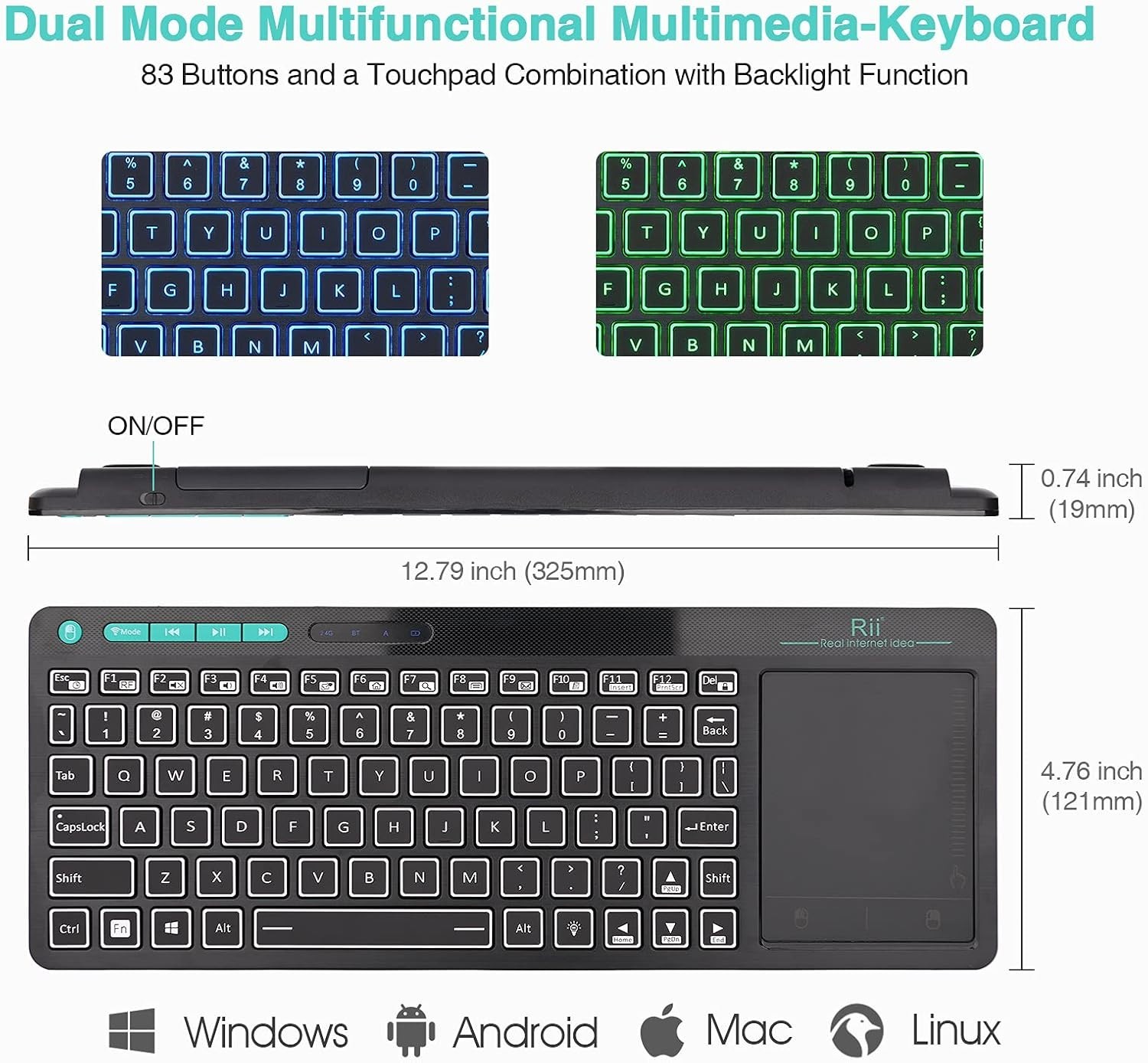 Rii RT518S Wireless Keyboard Bluetooth 2.4GHz Backlit Touchpad for Smart TV PC