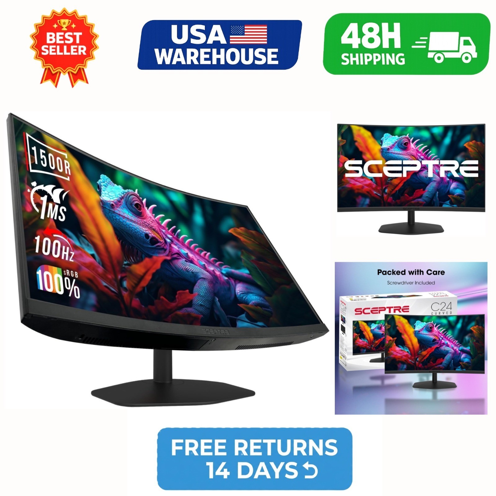 Sceptre Curved 24-inch Gaming Monitor 100Hz 1ms 1500R VA DisplayPort HDMI