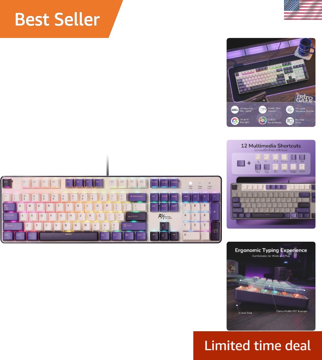 RK920 Full Size Mechanical Keyboard - Lavender Purple, RGB Backlit, Ergonomic