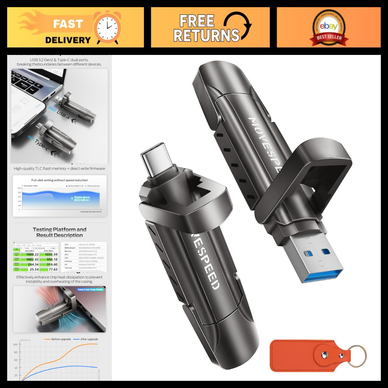 1TB USB Flash Drive, 1000MB/s Read/Write Speed, Dual Port Type-C & USB 3.2, Thum
