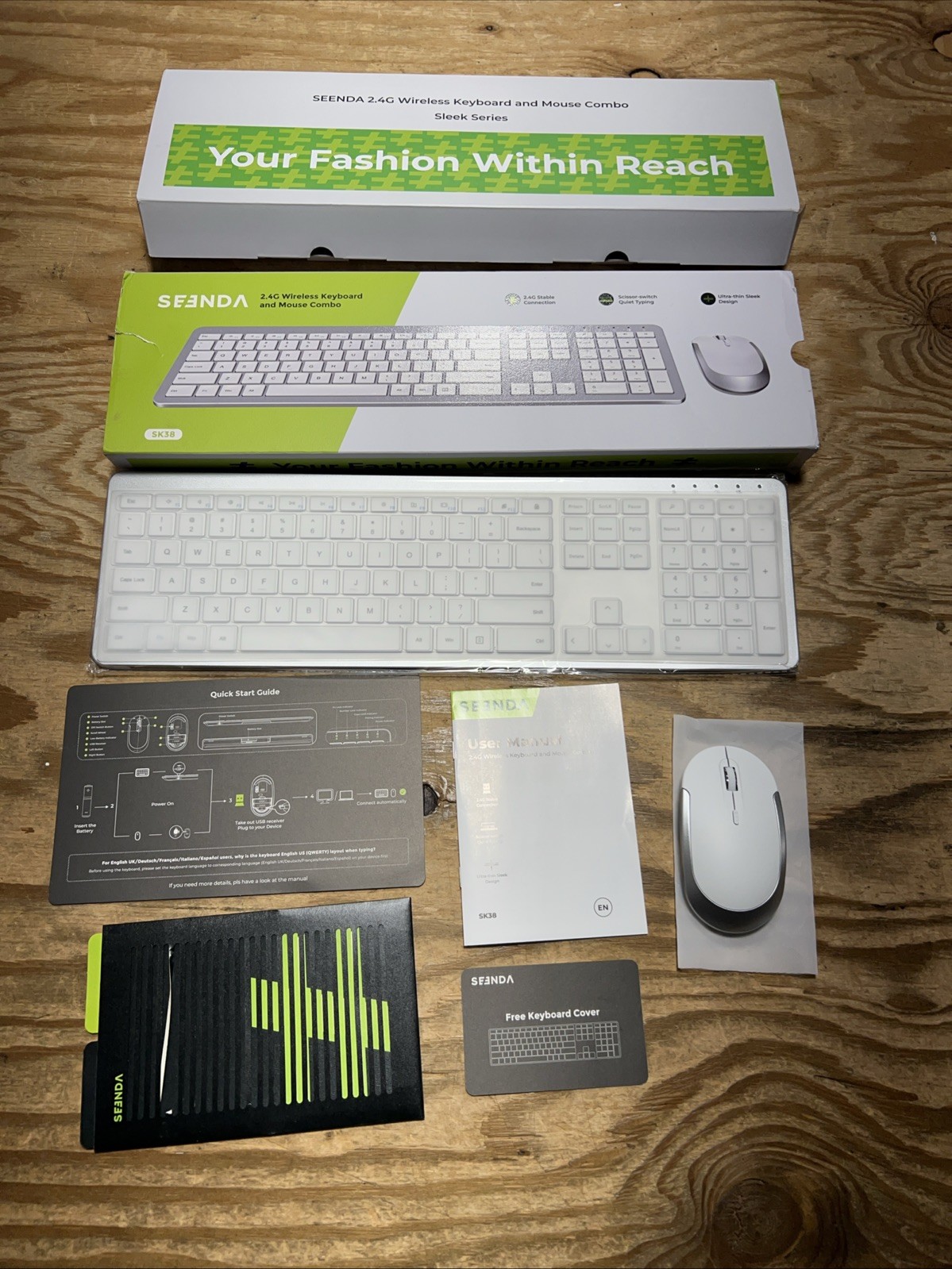SEENDA SK-38 Wireless Keyboard Mouse Combo Full-Size Slim Thin (White & Silver)