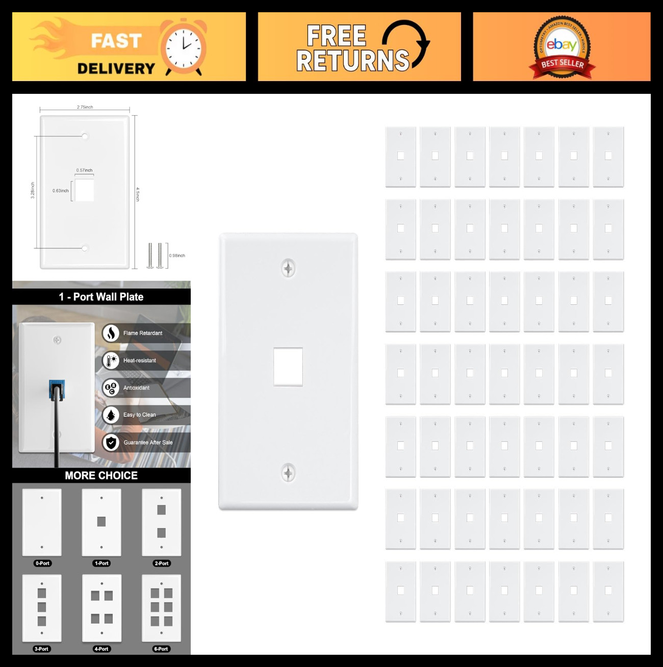 1-Port Keystone Wall Plate 50-Pack, White, Low Voltage Cable Wall Plates
