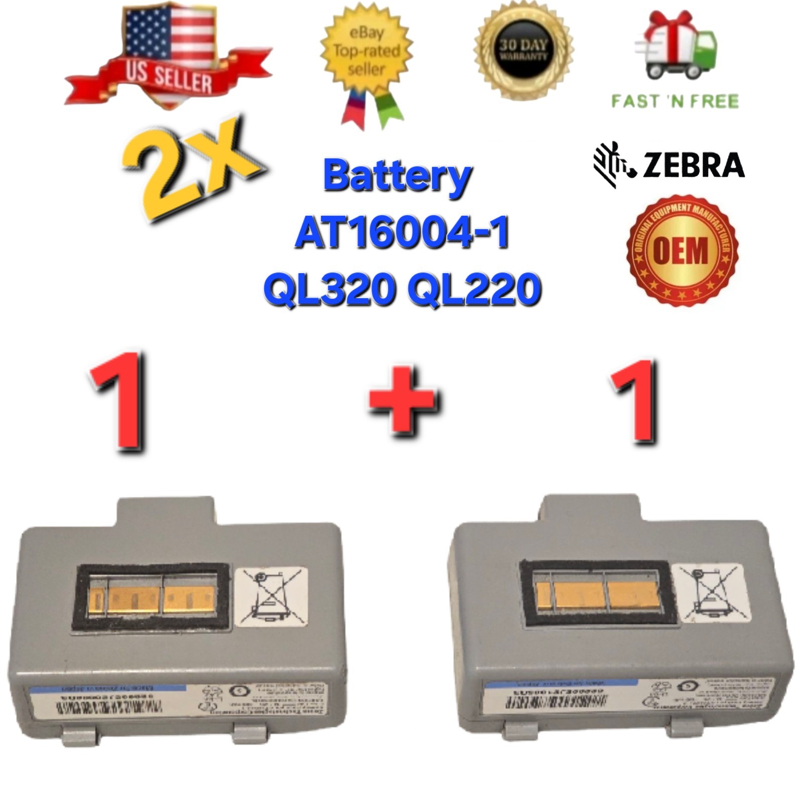 2x OEM Zebra Battery AT16004-1 for QL320 QL320 Plus QL220 QL220 Plus Printers