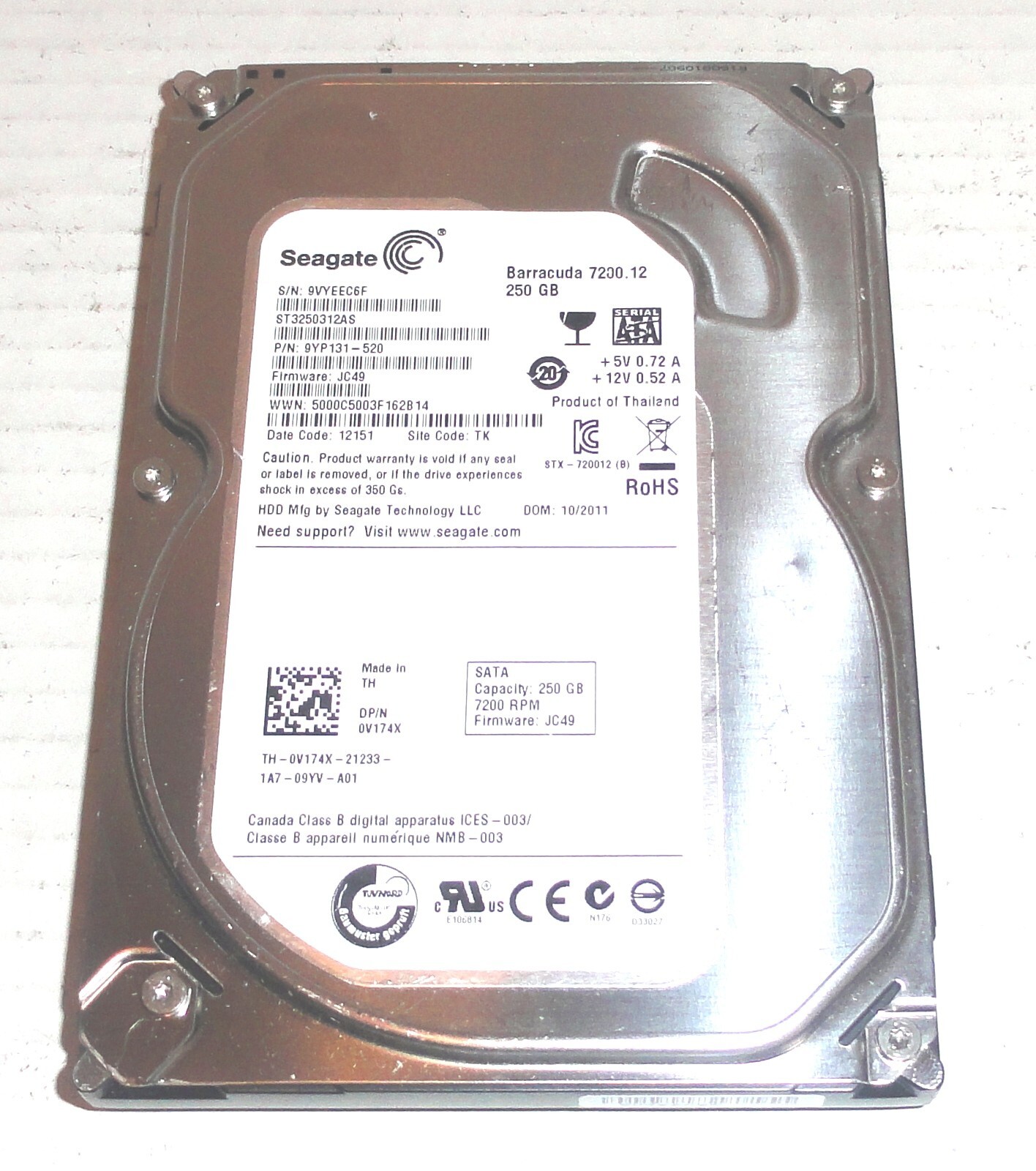 Seagate ST3250312AS 250GB Sata Hard Drive P/N: 9YP131-520 F/W: JC49  9VY  TK