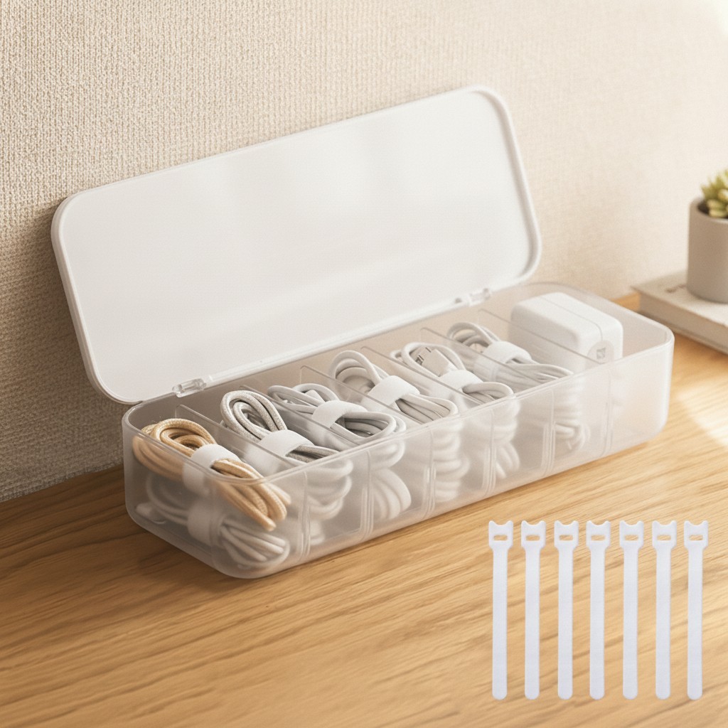 Cable Organizer Storage Box with Lid, 7 Wire Ties, White | Adjustable Divider...