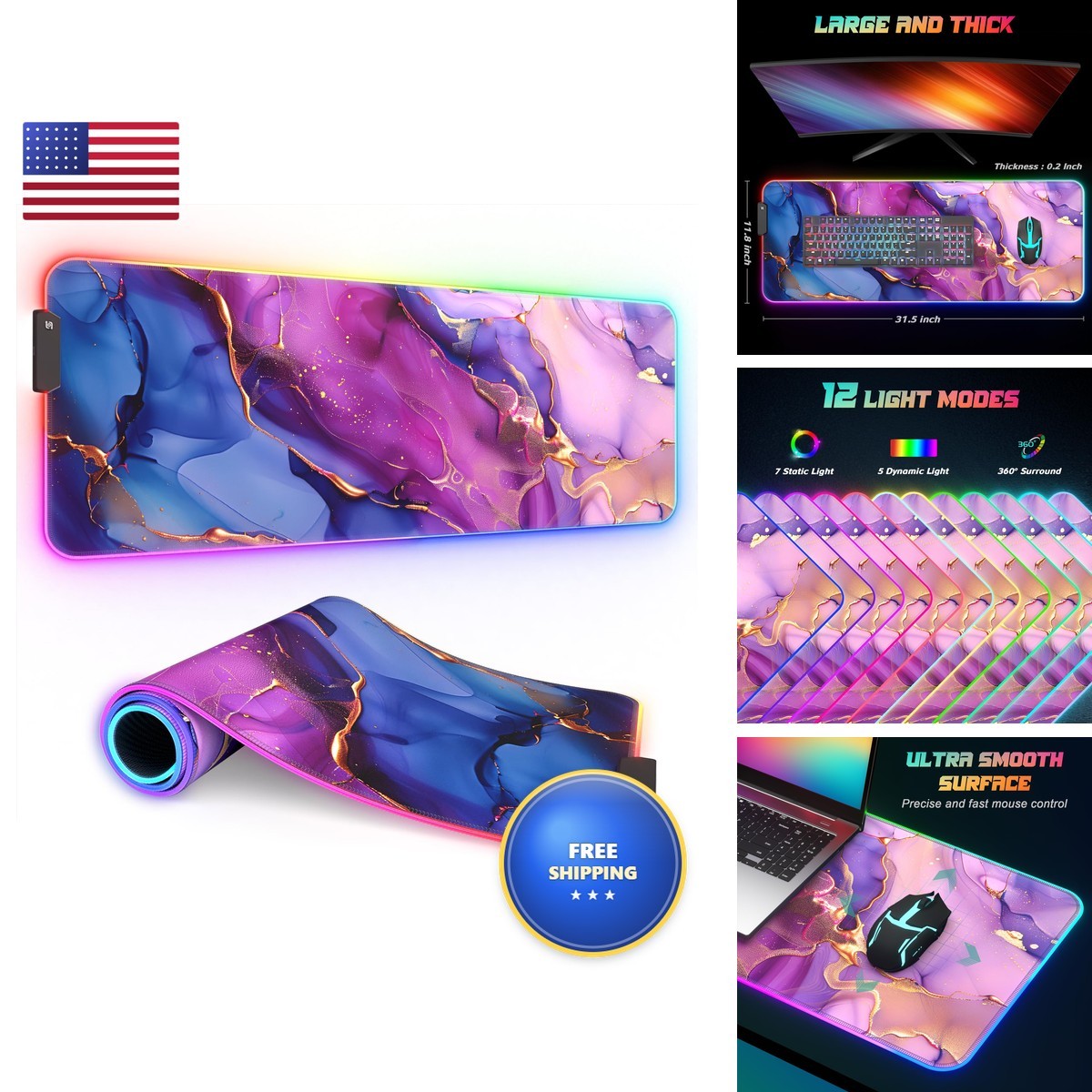 ITNRSIIET RGB Gaming Mouse Pad 32x12 inches Blue Purple Pink Marble