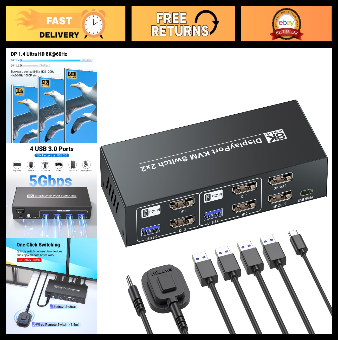 Dual Monitor KVM Switch 8K@60Hz 4K@120Hz for 2 PCs, USB 3.0, 4-Port Hub