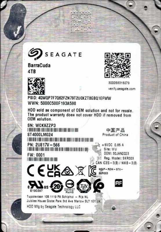 ST4000LM024 F/W: 0001 P/N: 2U817V-566 WU WCK9 JAN 2023 Seagate 4TB