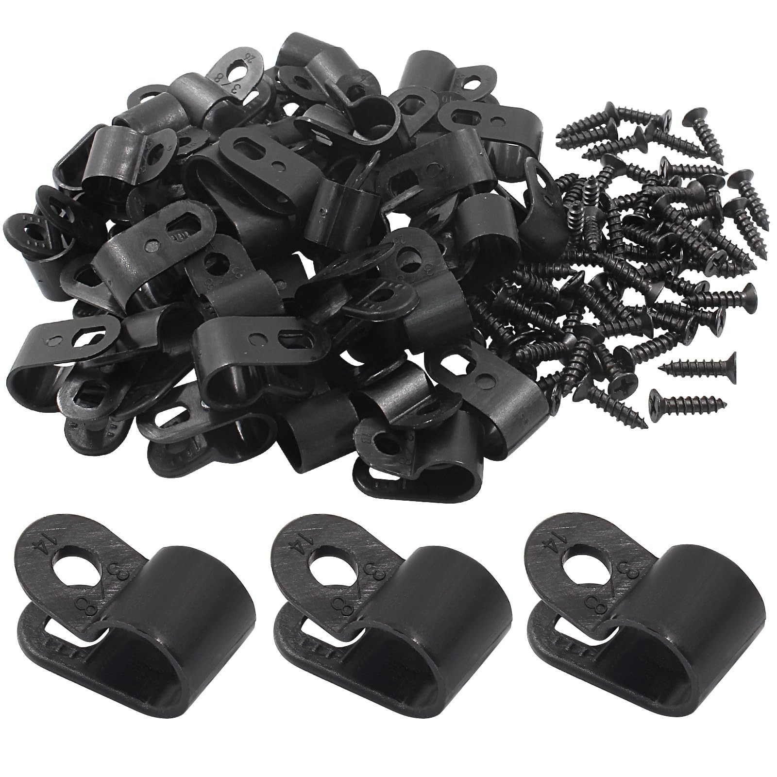 50 PCS 3/8 Inch RType Cable Clips Black Nylon Mounting Wire Fastener Organizer